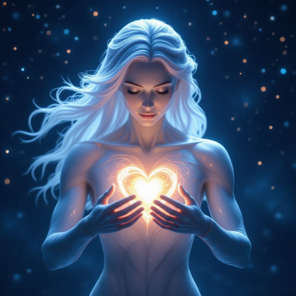 Cosmic Figure Forms Heart in Ethereal Sci-Fi Style
