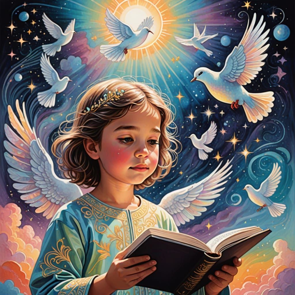 Surreal Child Reading Bible Under Divine Light