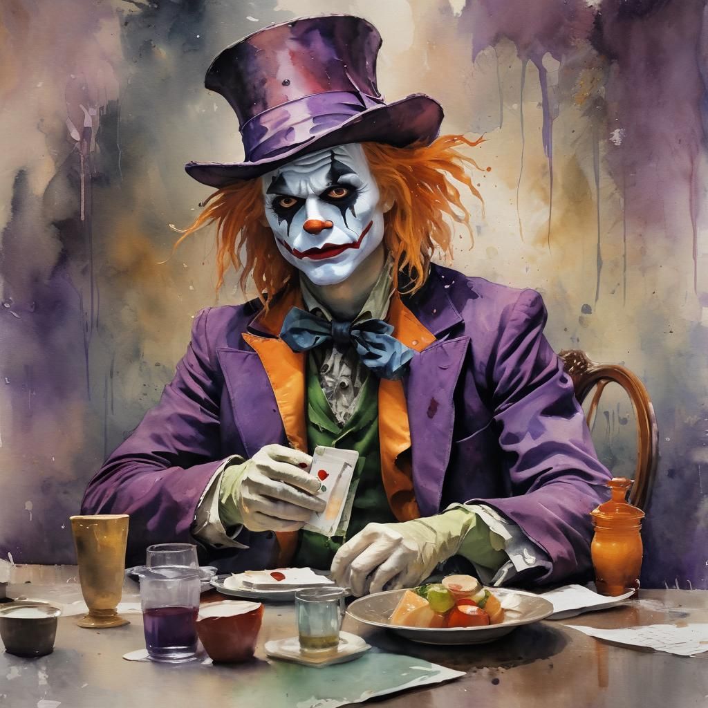 Mad Hatter's Whimsy in Dark Post-impressionist Watercolours