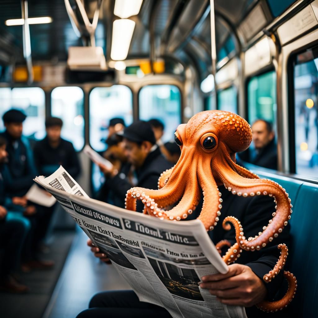 Octopus Reads Newspaper on Tram: Photo-Realistic Image