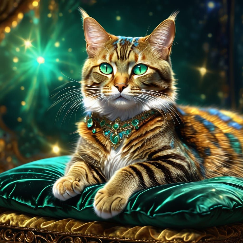 Whimsical Cat Poses on Velvet Cushion in Fantasy Art Style