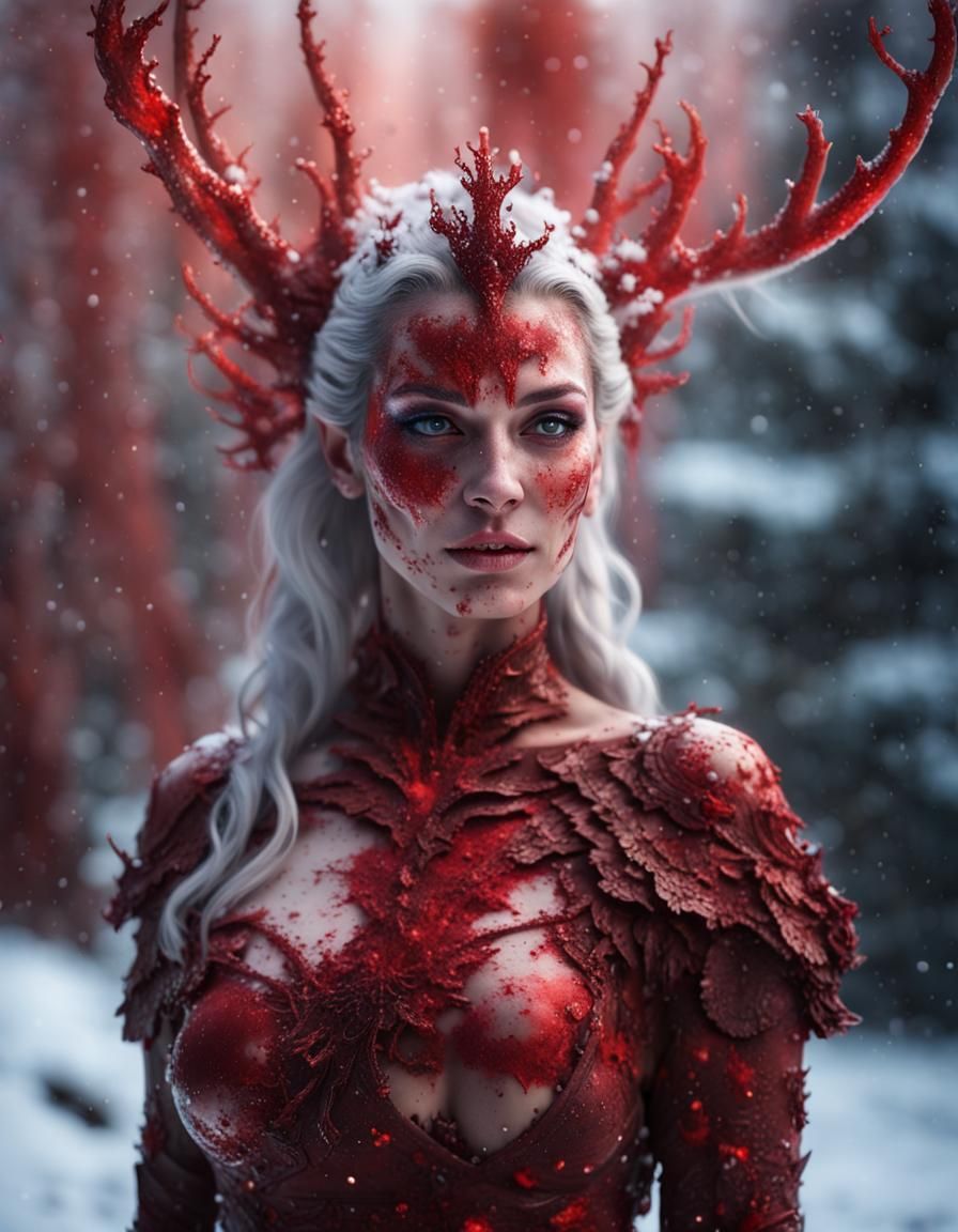Snow Goddess with Red Eyes in Fiery Forest