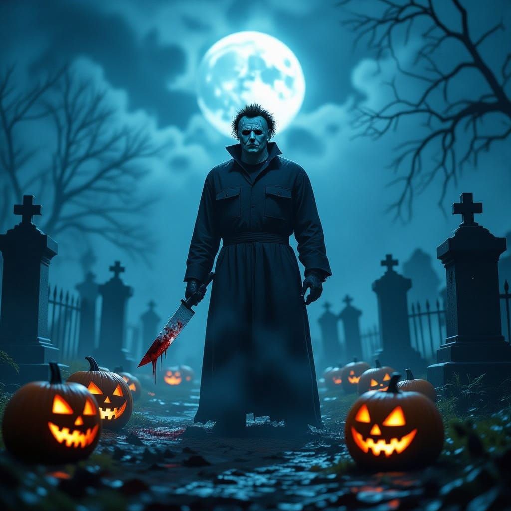 Michael Myers in Stormy Cemetery on Halloween Night