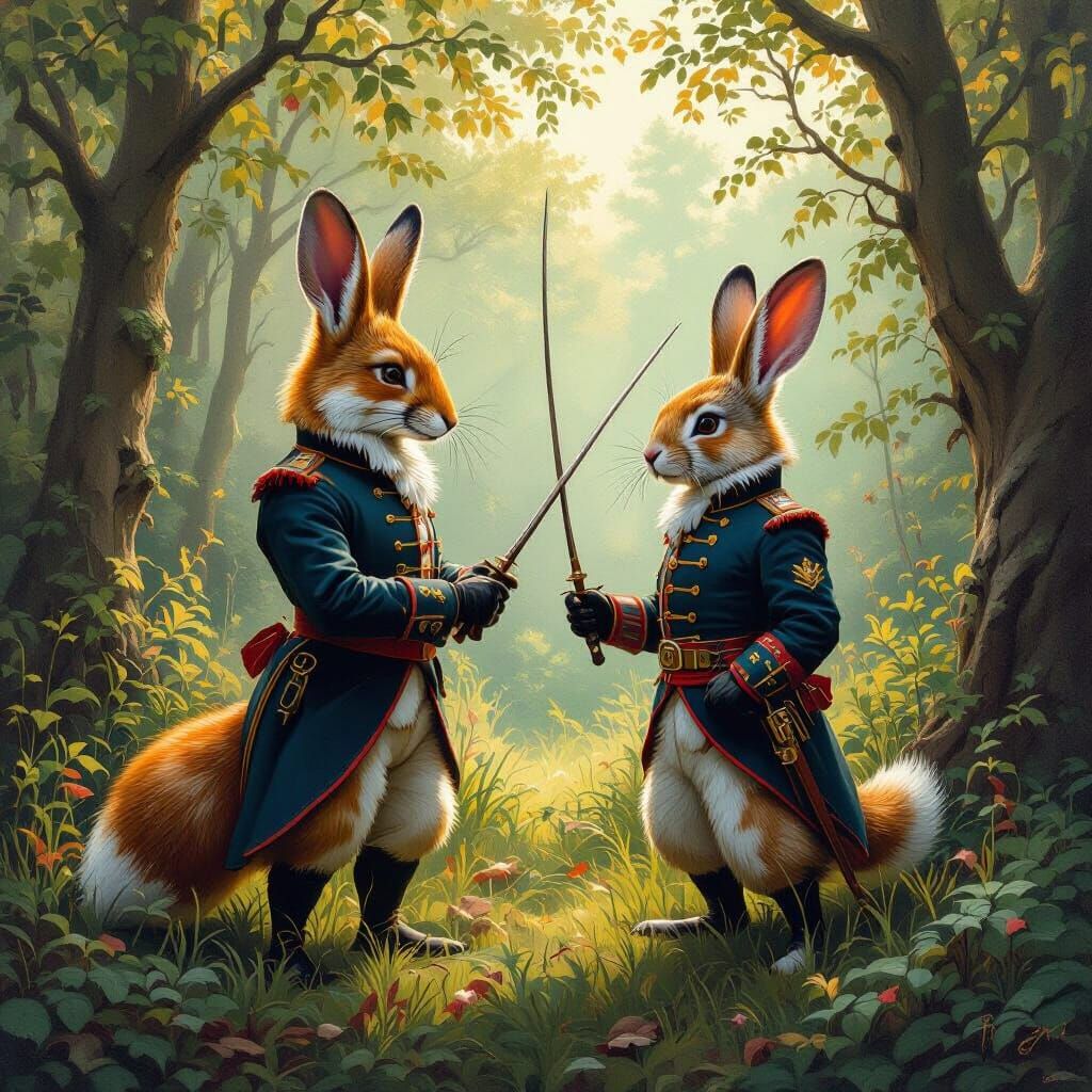 Fox and Rabbit Fencers in Forest, Impasto Still Life