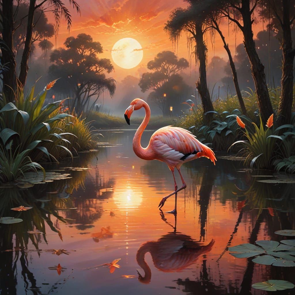 Dreamlike Venetian Flamingo in Golden Night Sky