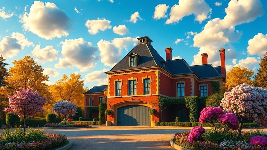 Grand Brick Chateau with Vibrant Garden in Golden Hour