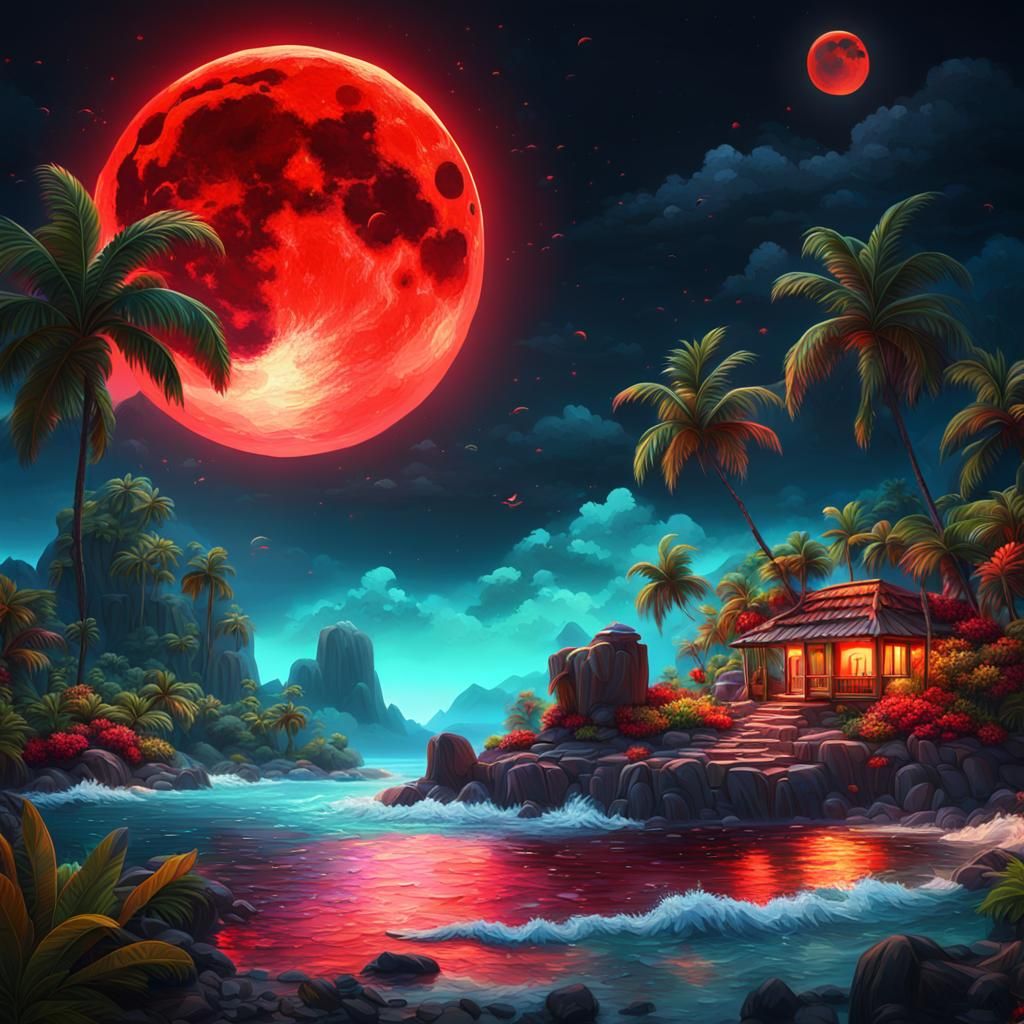 Red Moon Over Tropical Island: Fantasy Concept Art