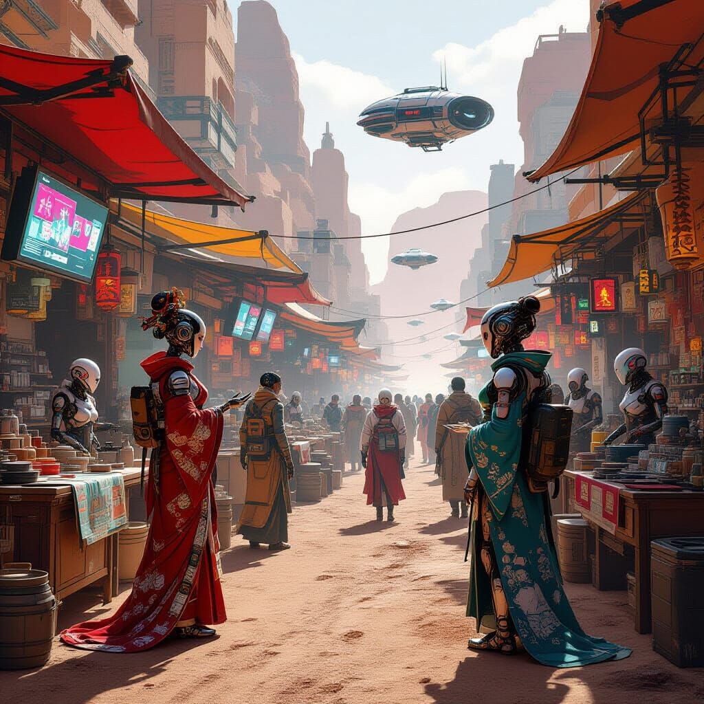 Futuristic Mars Marketplace with Cyborg Geishas and Alien Me...