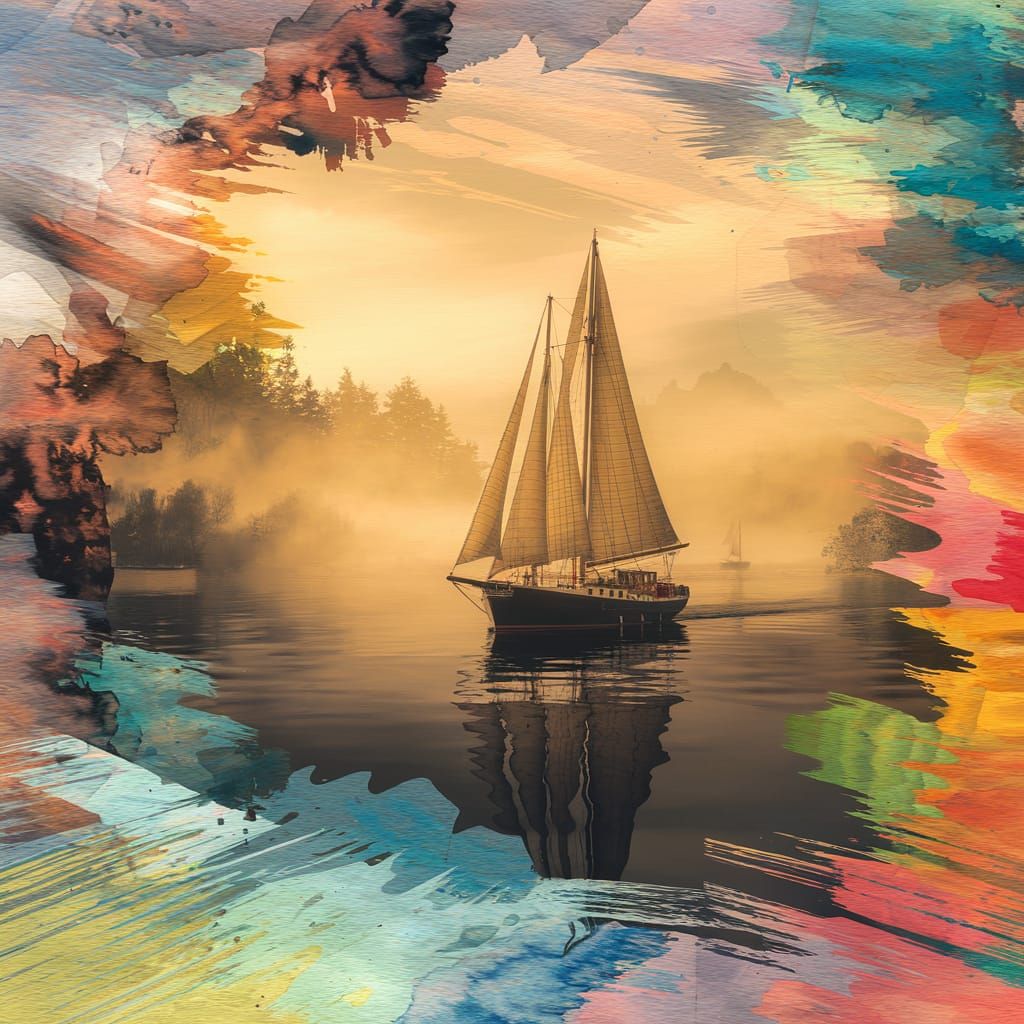 Surreal Sailing Boat Enters Dreamscape in Mixed Media
