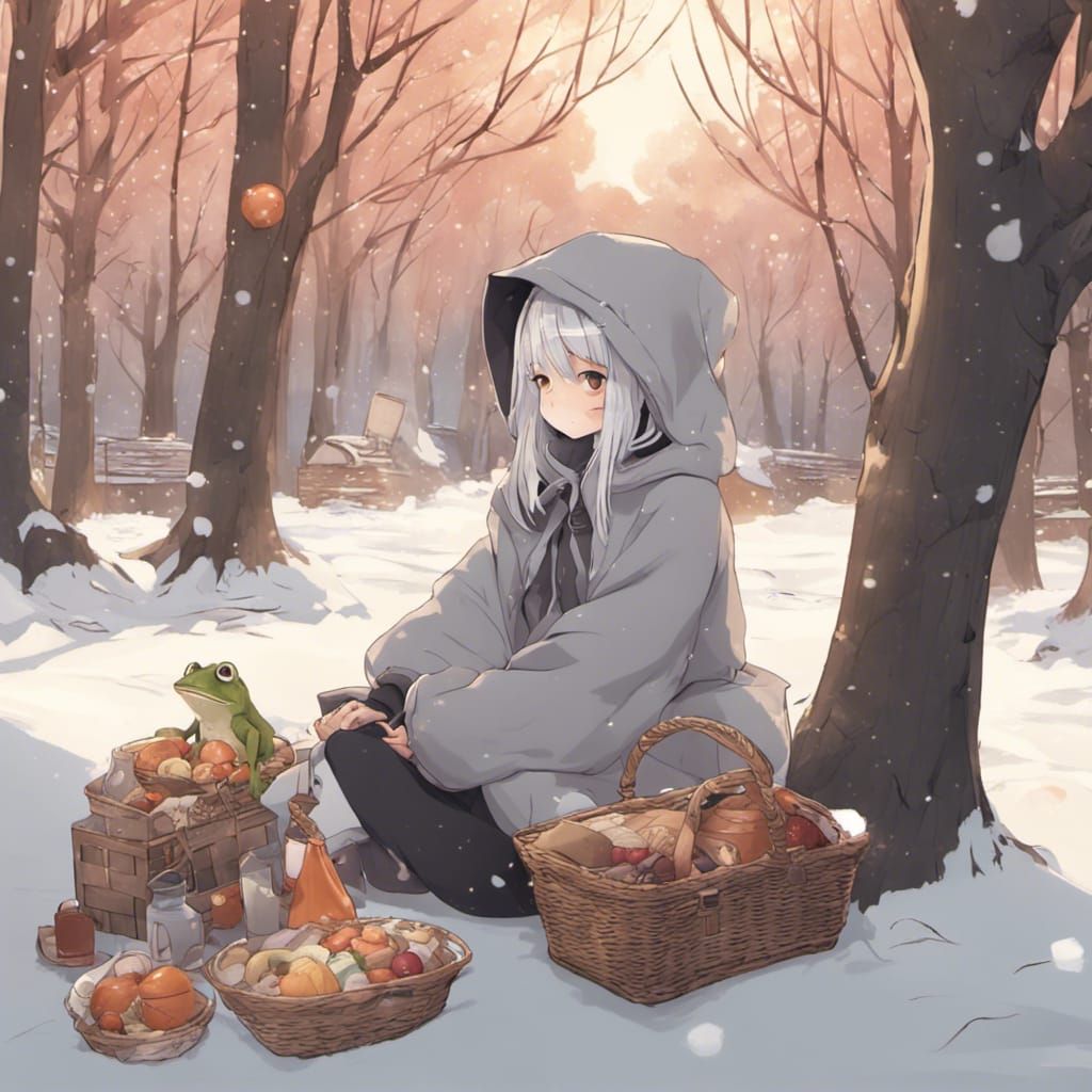 Girl in Frog Hood in Snowy Anime Landscape