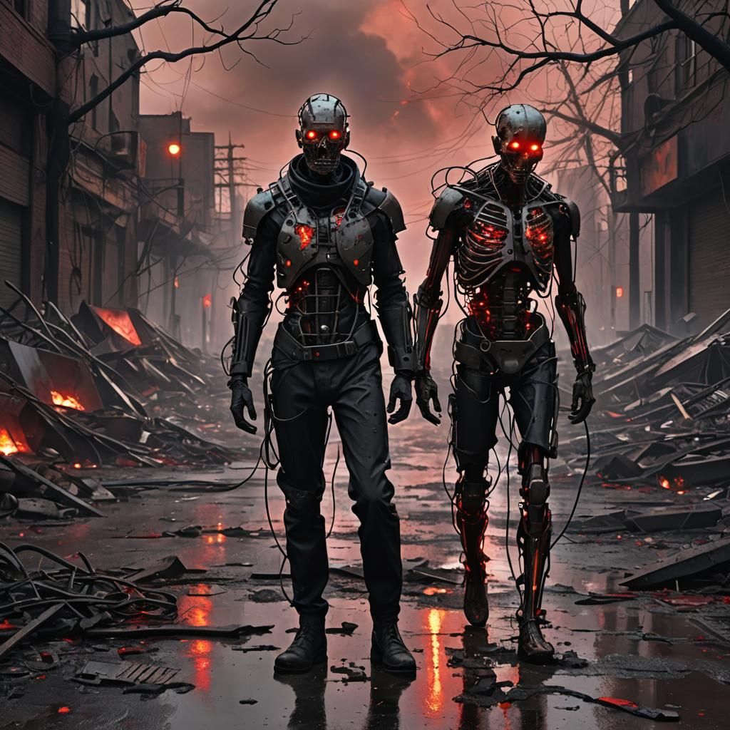 Dystopian Cyborg Awakens in Wasteland: Noir Art