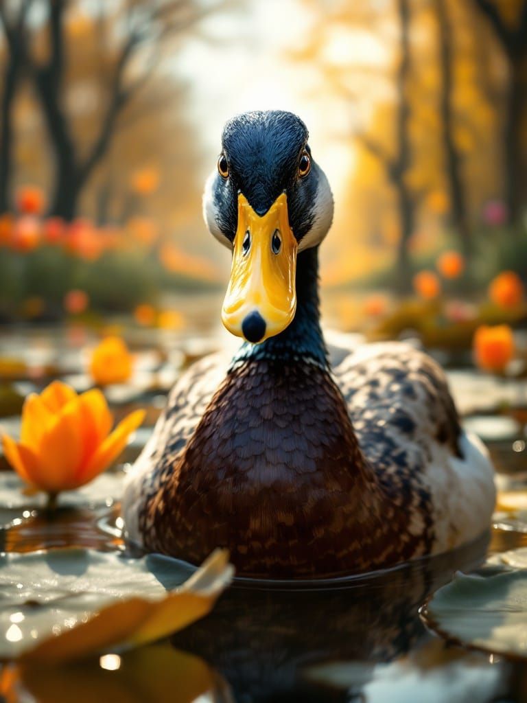 Dramatic Close-Up of a Duck in a Tranquil Pond