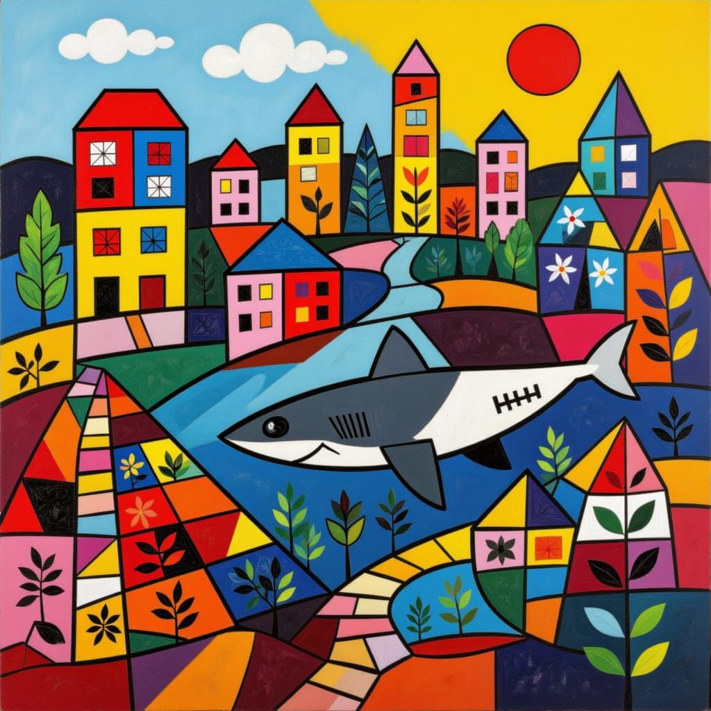 Pop Art Shark Swims Through Abstract Cityscape