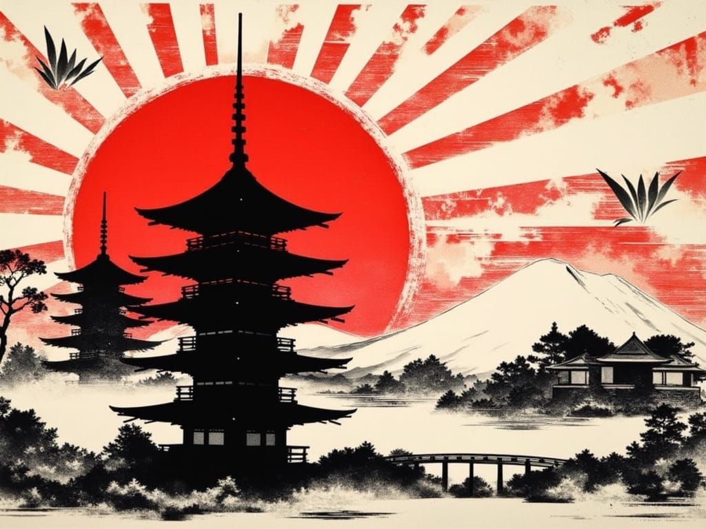 Vintage Japanese Landscape with Retro-Futuristic Pagoda
