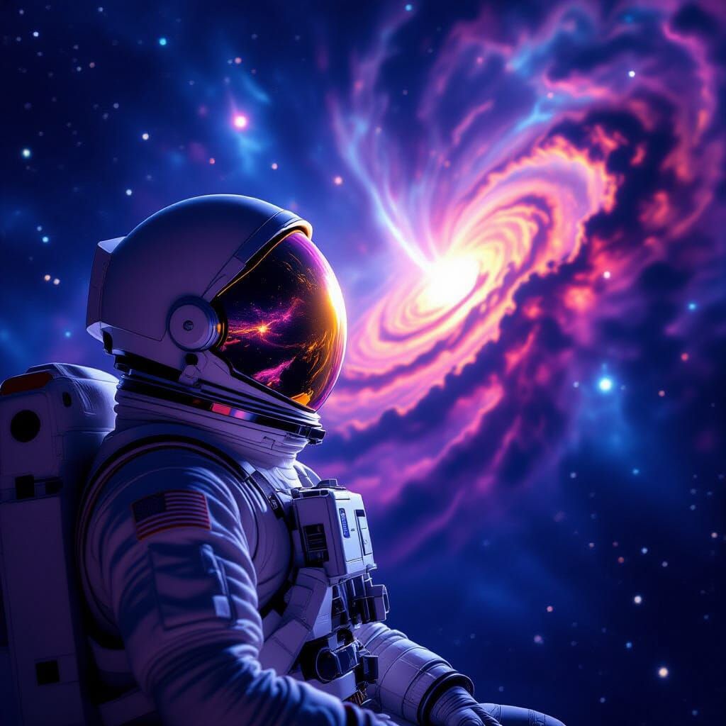 Astronaut Adrift Gazing At Swirling Nebula