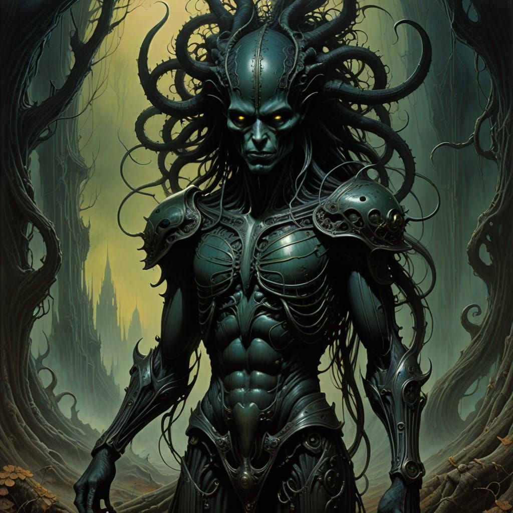 Regal Drow Male with Iridescent Tentacles in Biomechanical S...