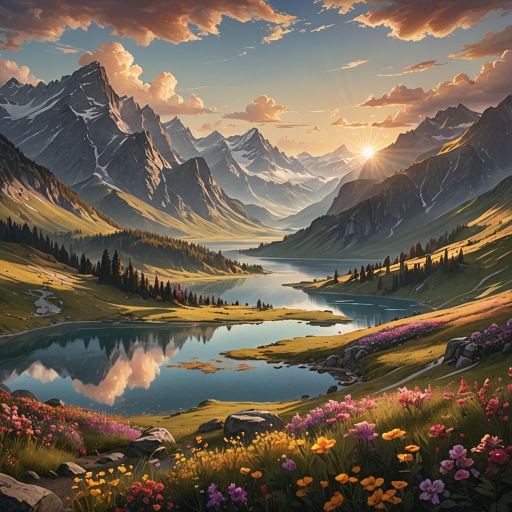 Majestic Mountain Valley with Lake and Flowers