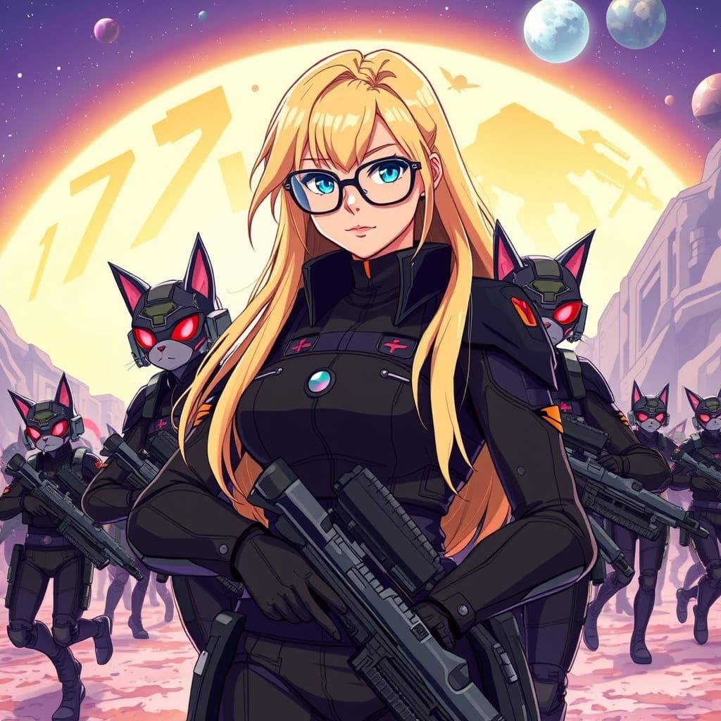 Elite Anime Warrior in Cyberpunk Armor Leads Feline Soldiers...