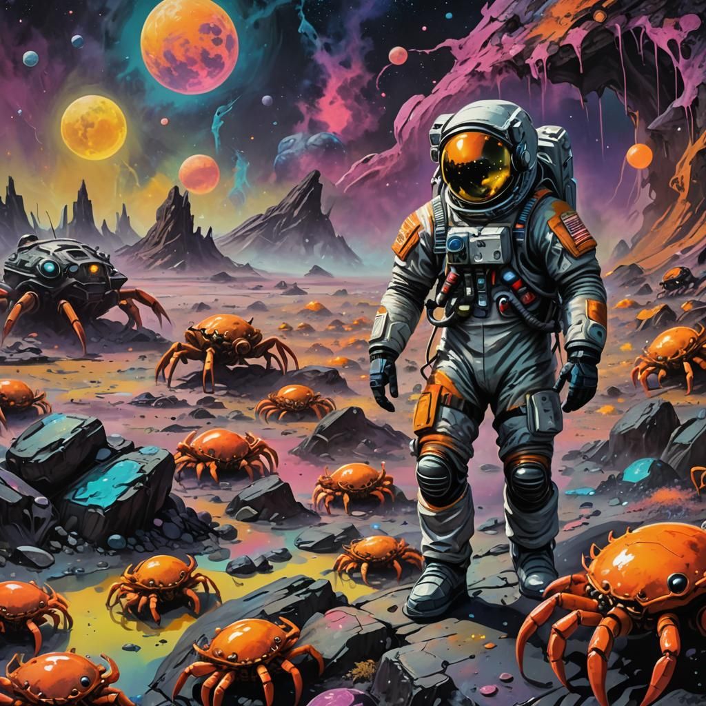 Astronaut and Crab Aliens on Toxic Exoplanet in Graffiti Sty...
