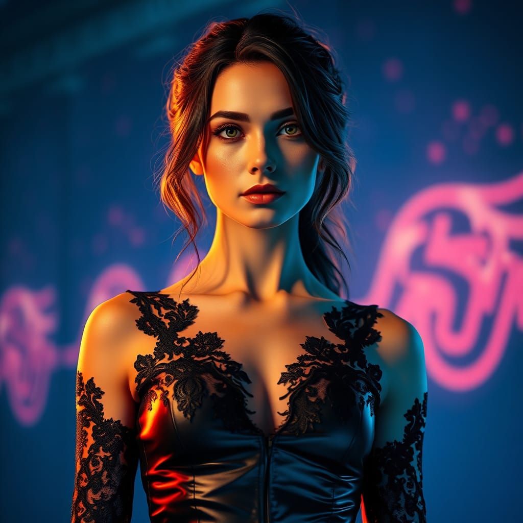 Woman in Black Leather Dress: Dark Fantasy Portrait