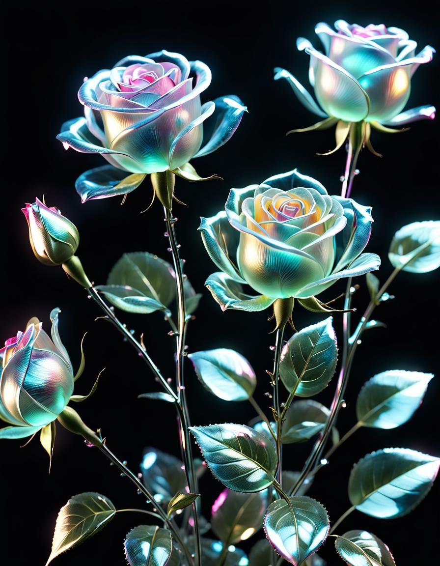 Iridescent Bioluminescent Roses in Glass