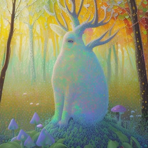 (Pointillism:1.3) Magical forest with opal trees, mushrooms,...