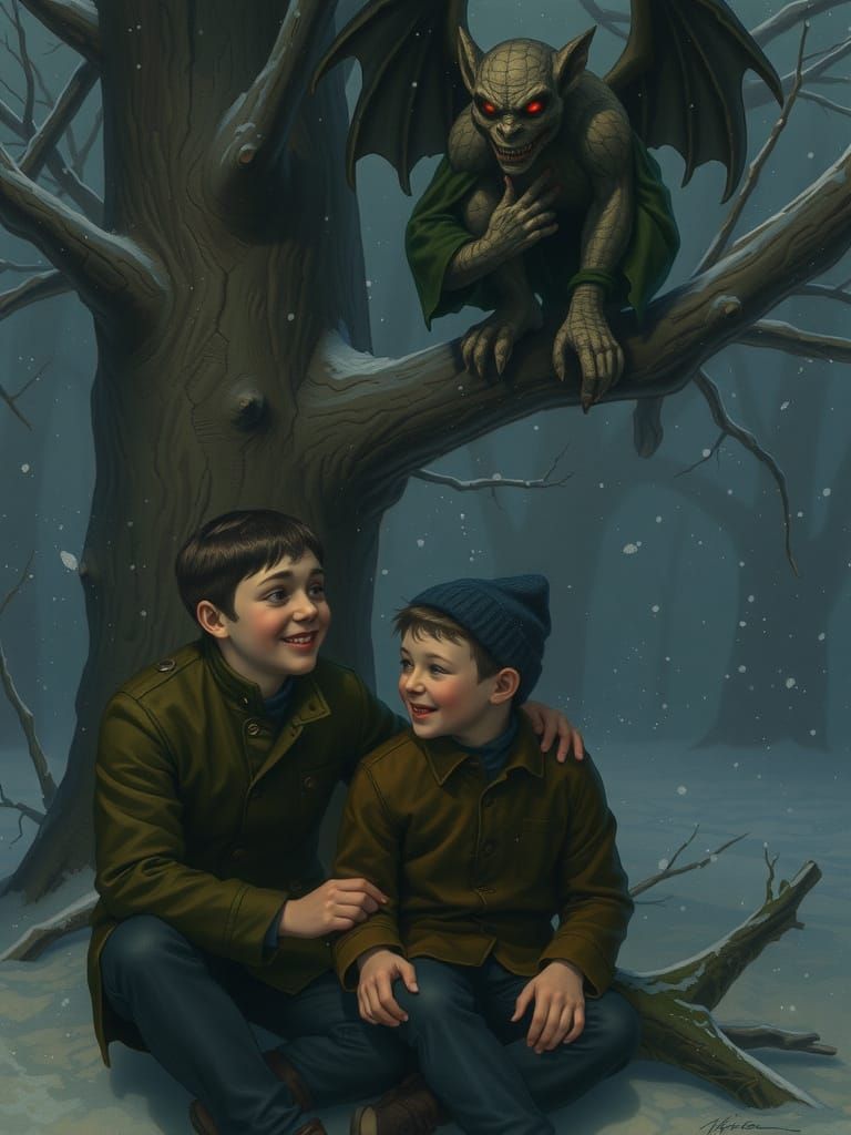 Boys Encounter Gargoyle in Snowy Tree