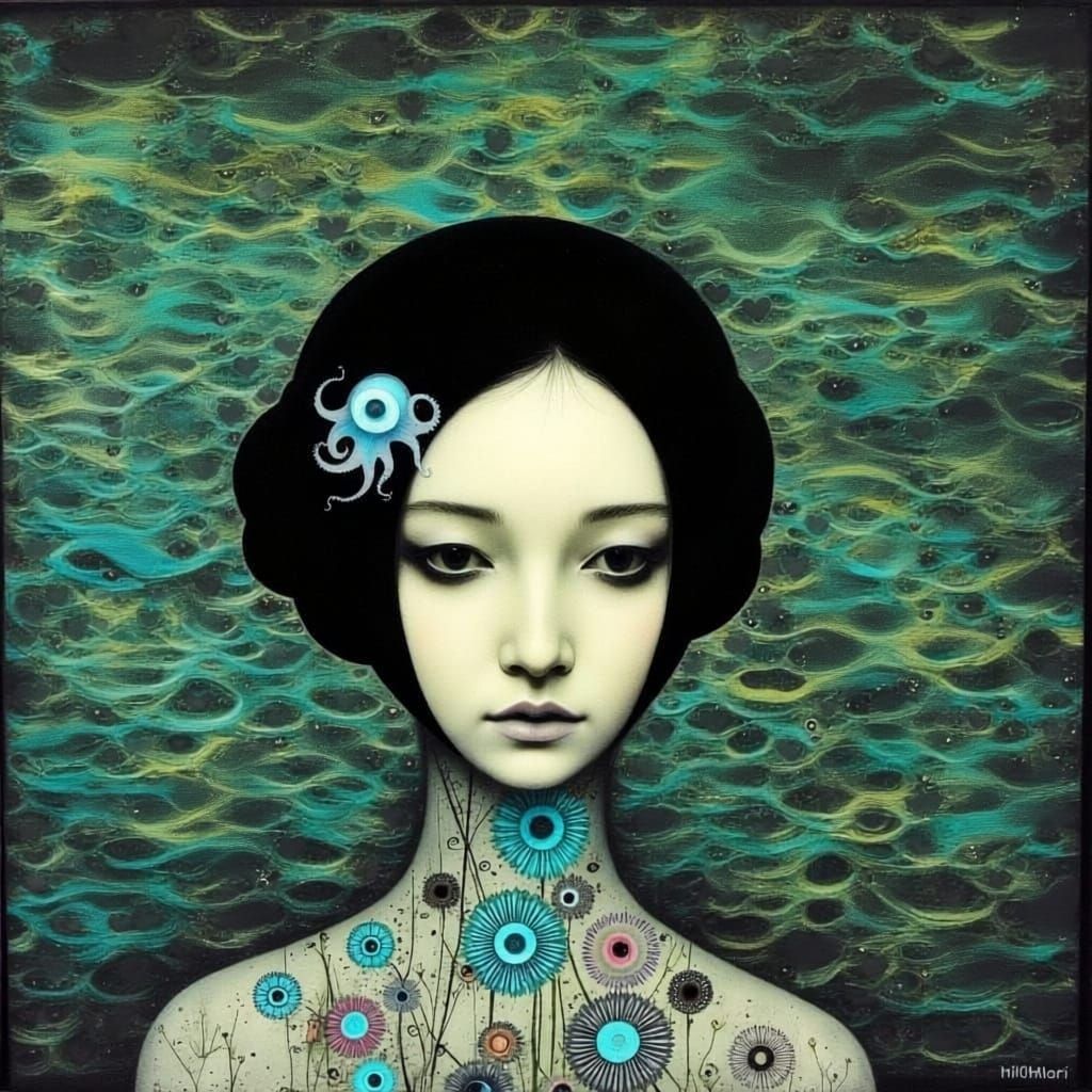 Woman Submerged with Blue-Ringed Octopus in Minimalist Style