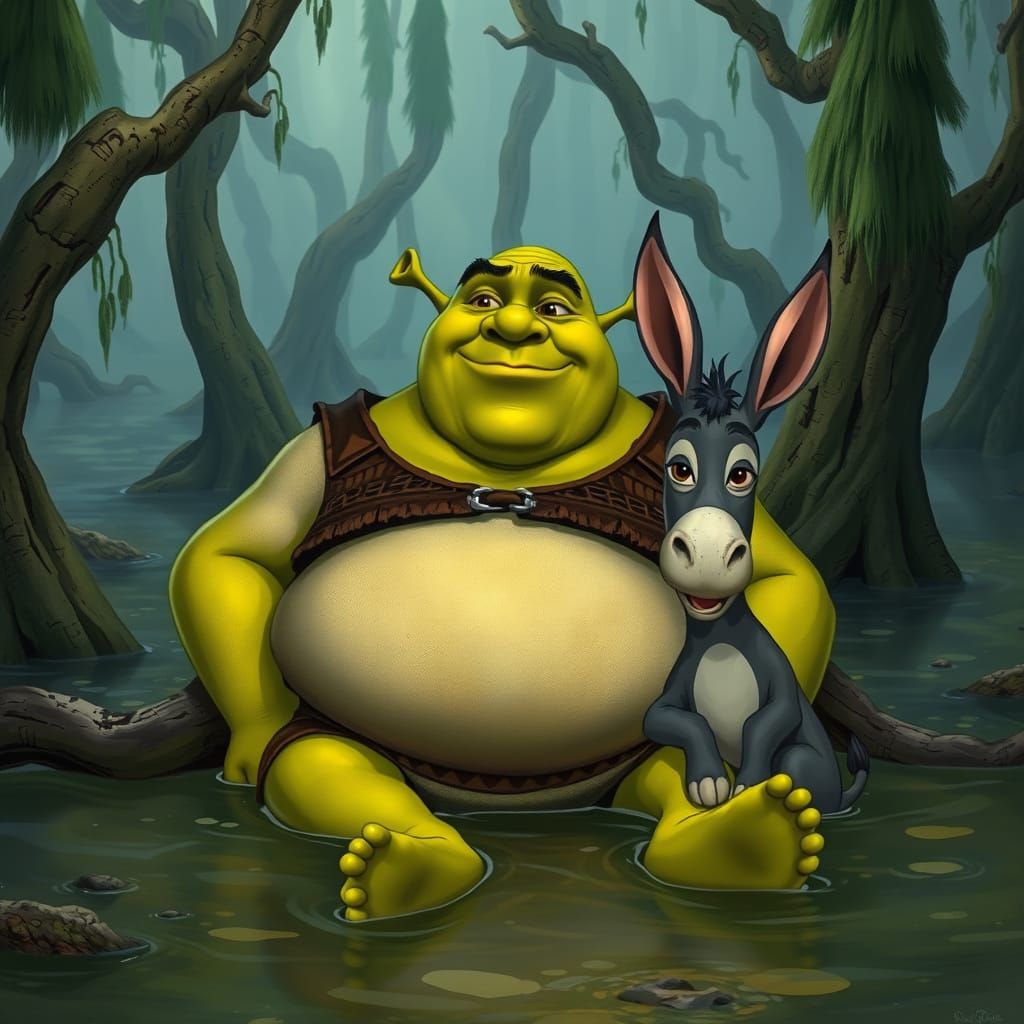 Rotund Shrek in Whimsical Swampy Oasis with Donkey