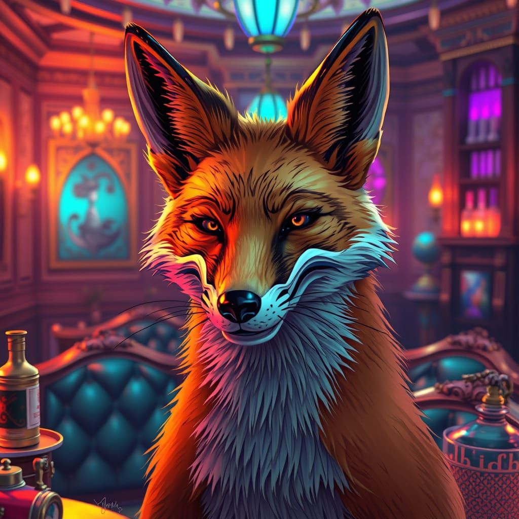 Fox with Mask in Opulent Room, Line Art