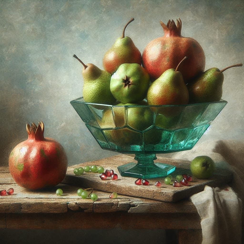Impressionistic Still Life of Pomegranates and Pears in Aqua...