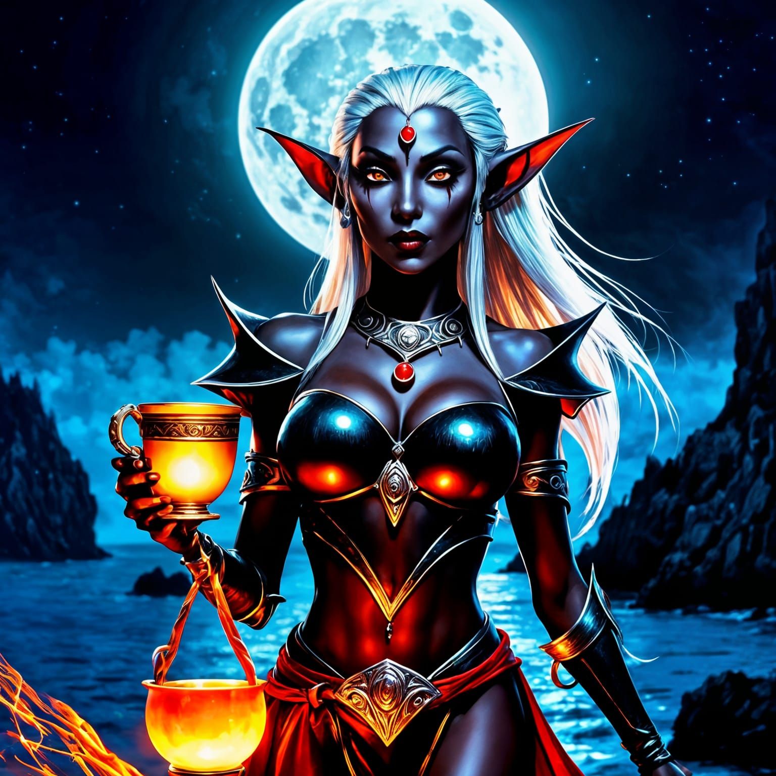Drow Priestess Under Moonlight: Dark Elf Fantasy Art