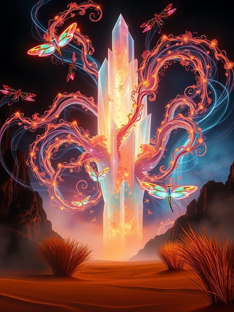 Ethereal Crystal Forest with Fiery Vines and Rainbow Light