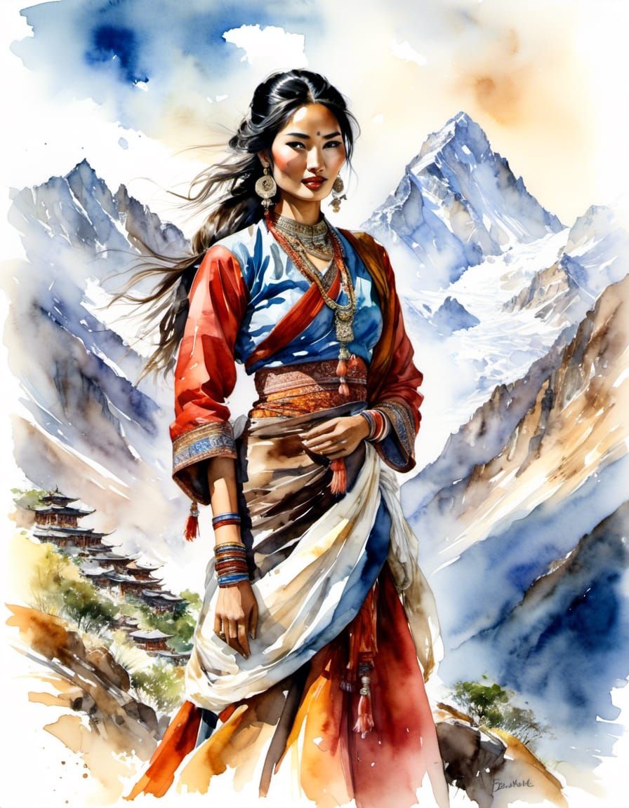 Tibetan Woman in Himalayas: Watercolor Portrait