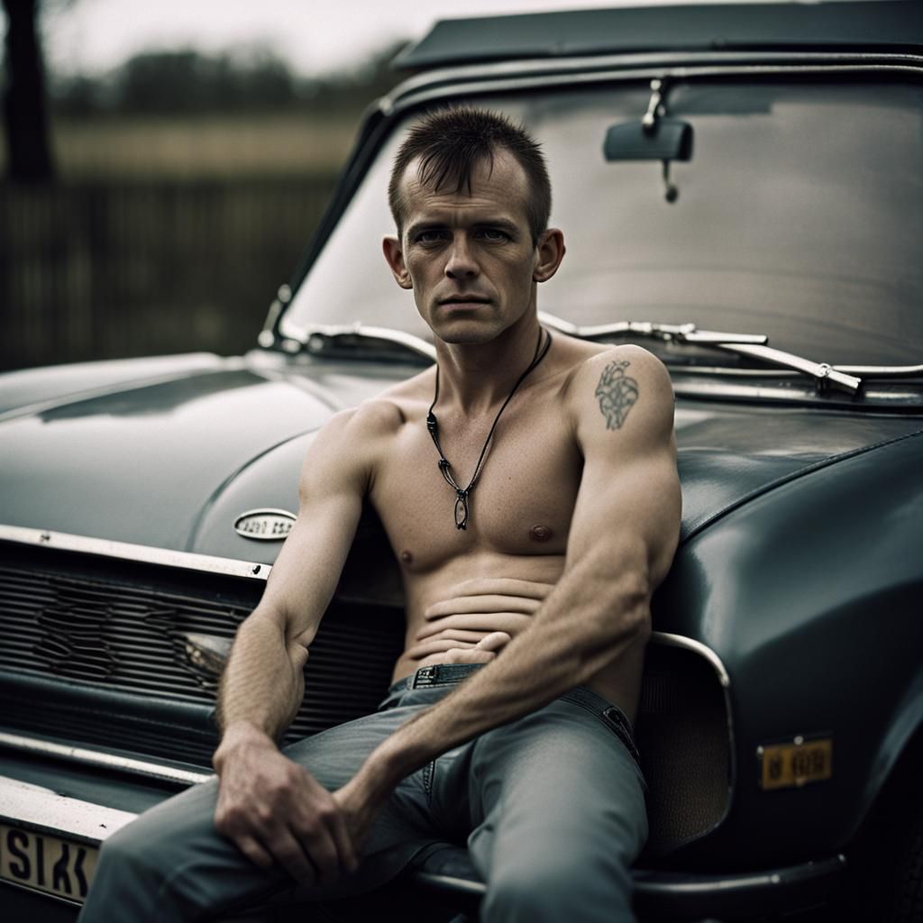 1980s Skinhead on Ford Capri: Close-Up Portrait