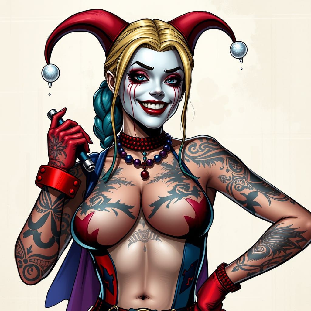 Harley Quinn with Tribal Tattoos in Comic Style
