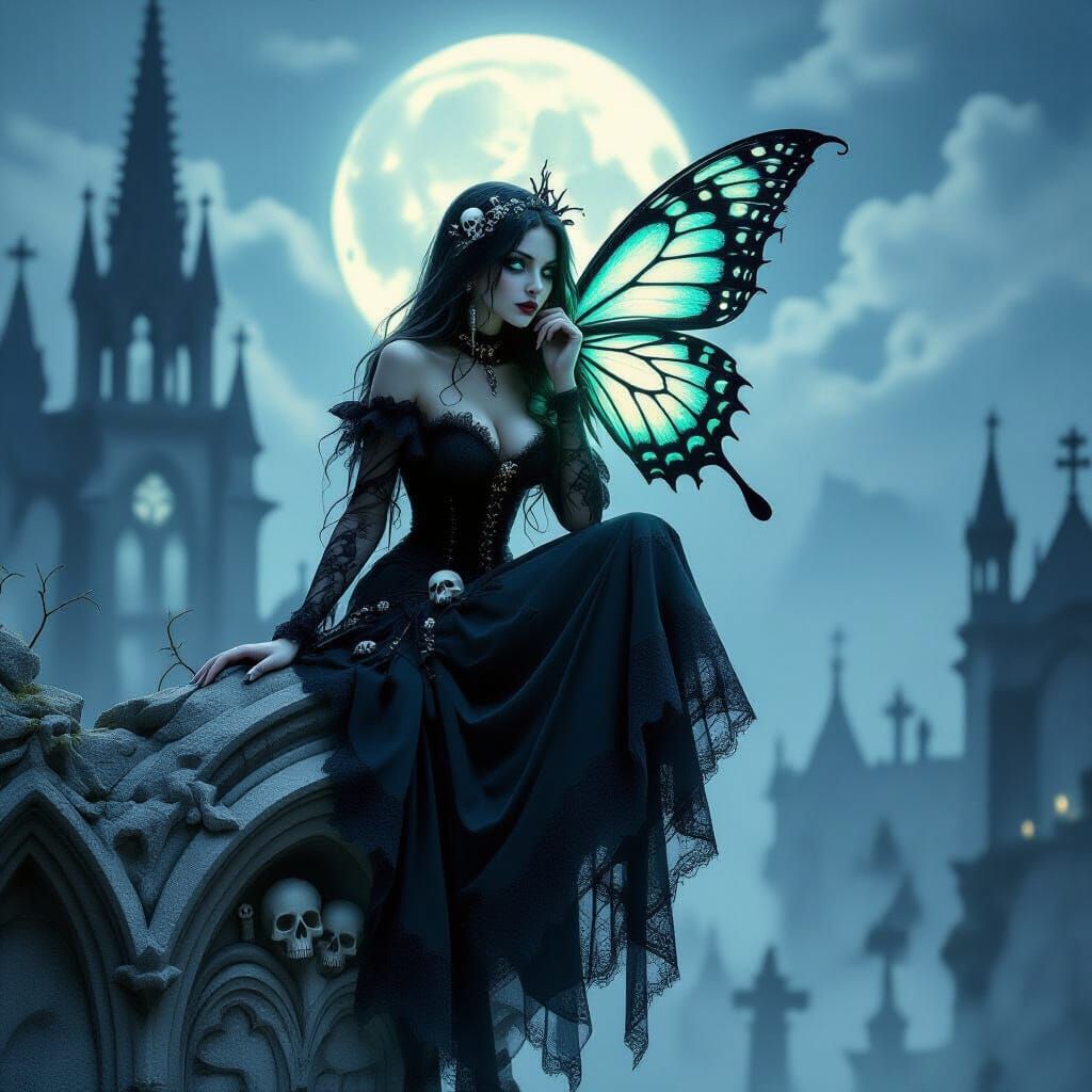 Gothic Fairy with Bioluminescent Wings in Moonlit Graveyard