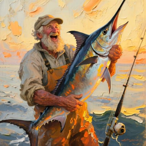 Fisherman Holds Giant Marlin in Golden Hour Oil Gouache Styl...