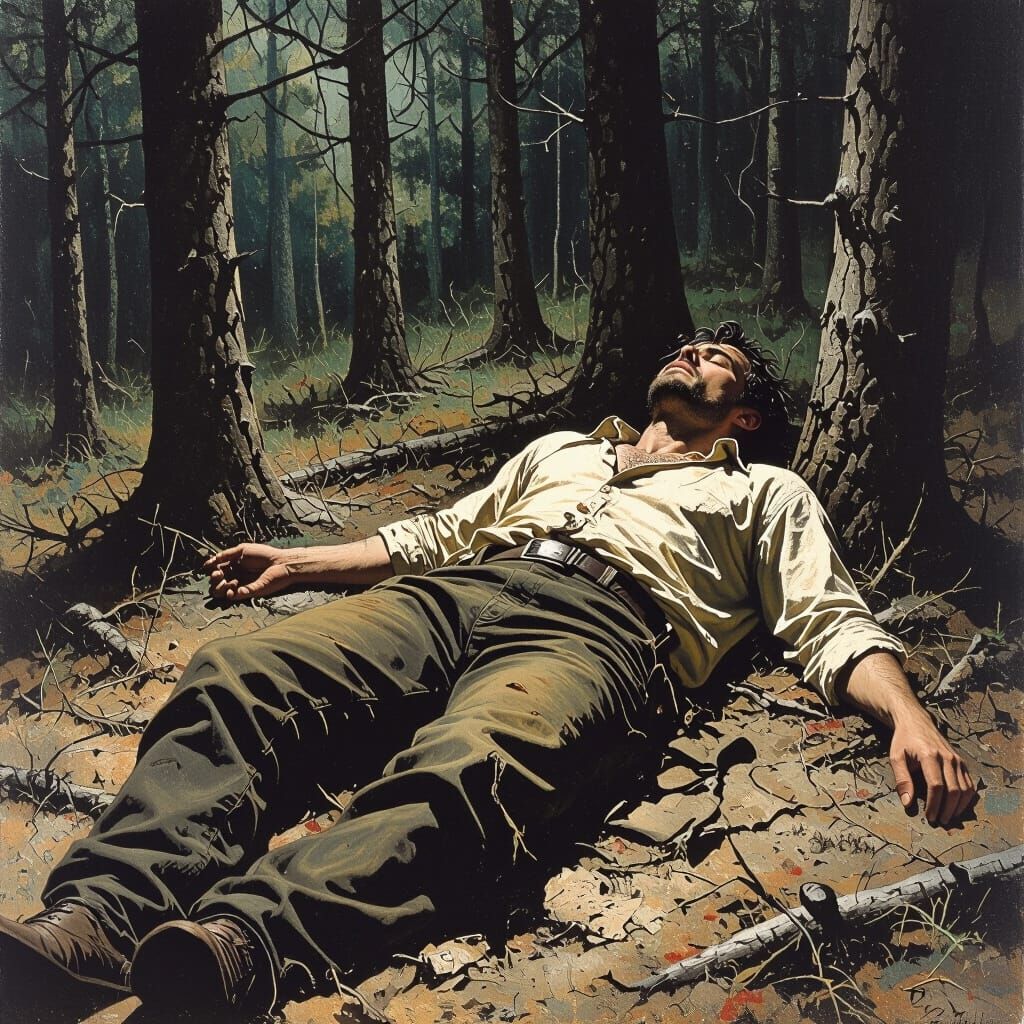 Man Lies Still in Dark Realism Forest Scene