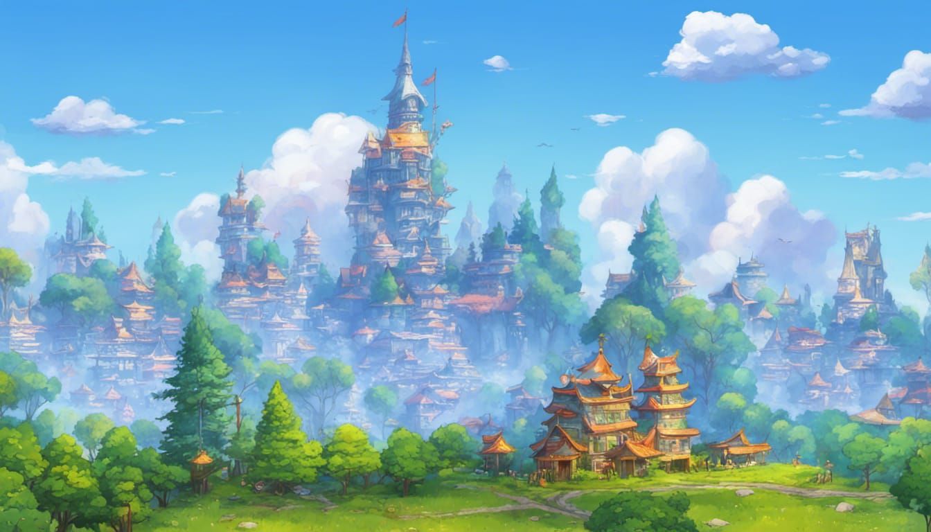 Fantasy City in Pine Forest: Boy Selling Food