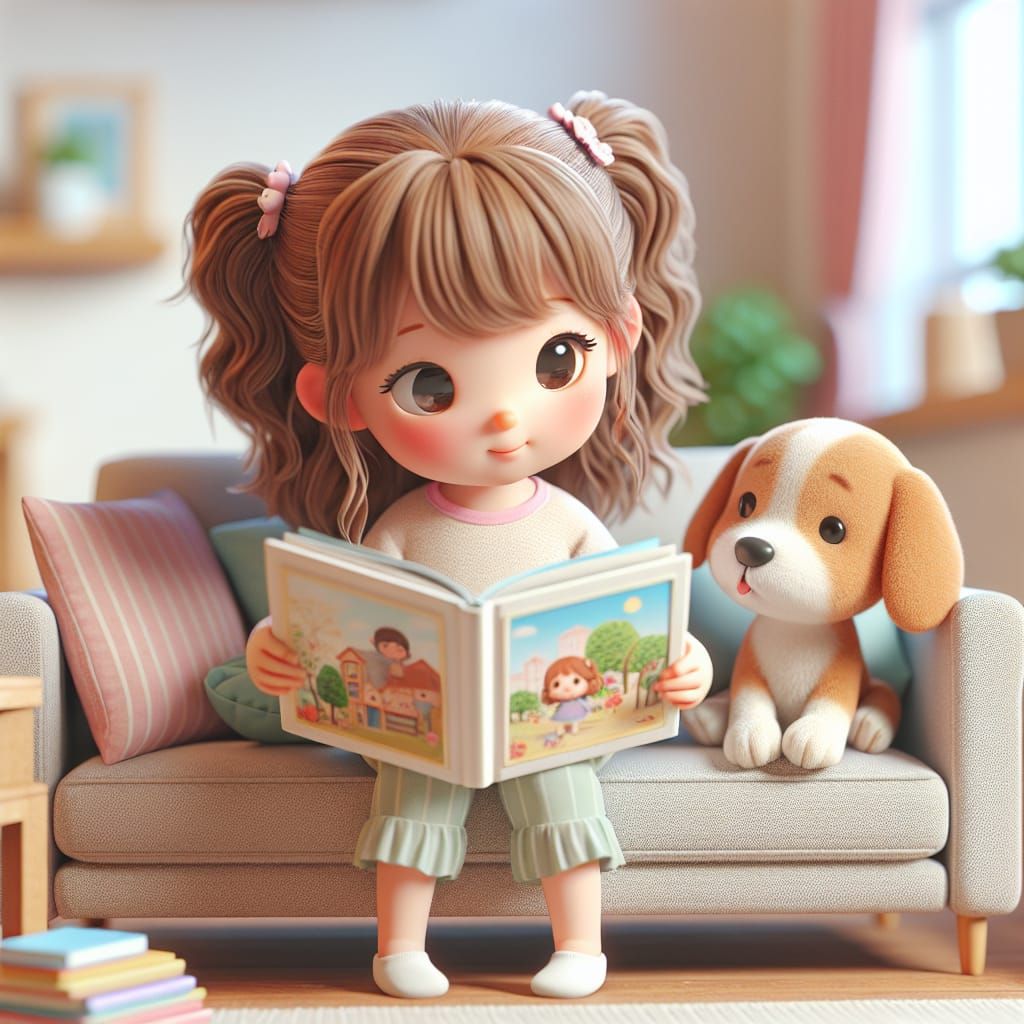 Disney Pixar style 3D adorable little tiny girl, hair in pigtails, reading a picture book upside down, her dog beside he...