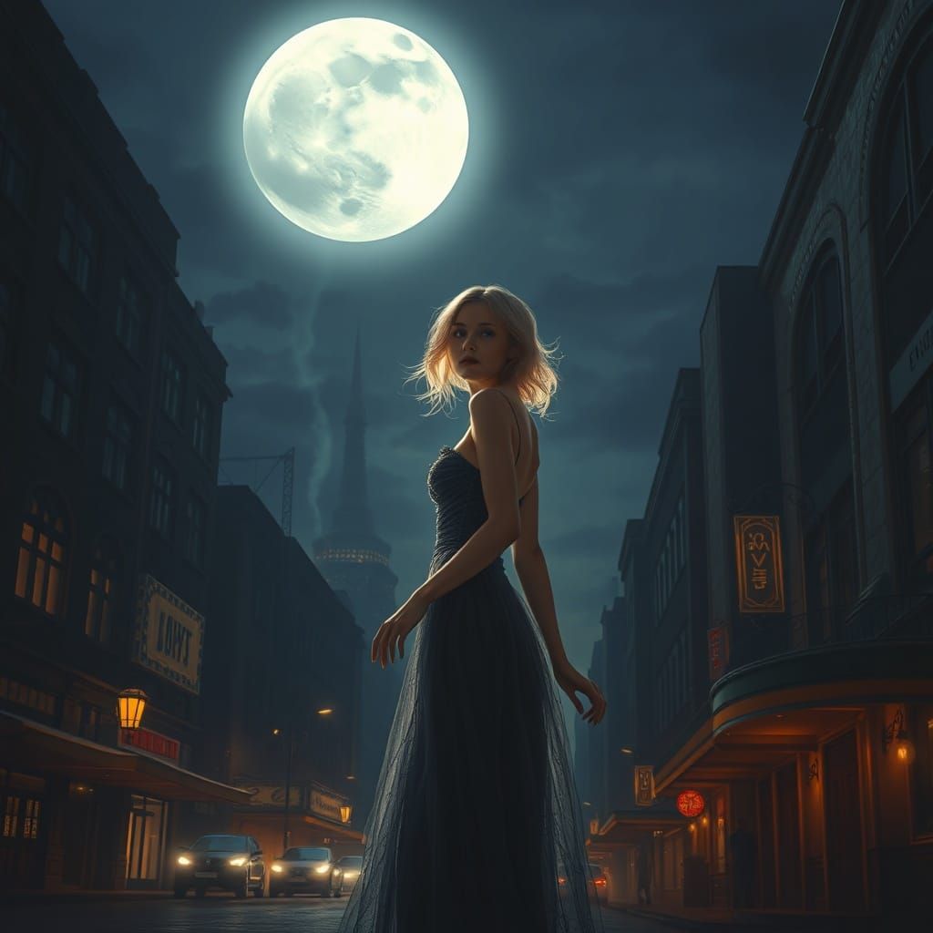 Moonlight City: Cabaret Dancer Shadow in Digital Art
