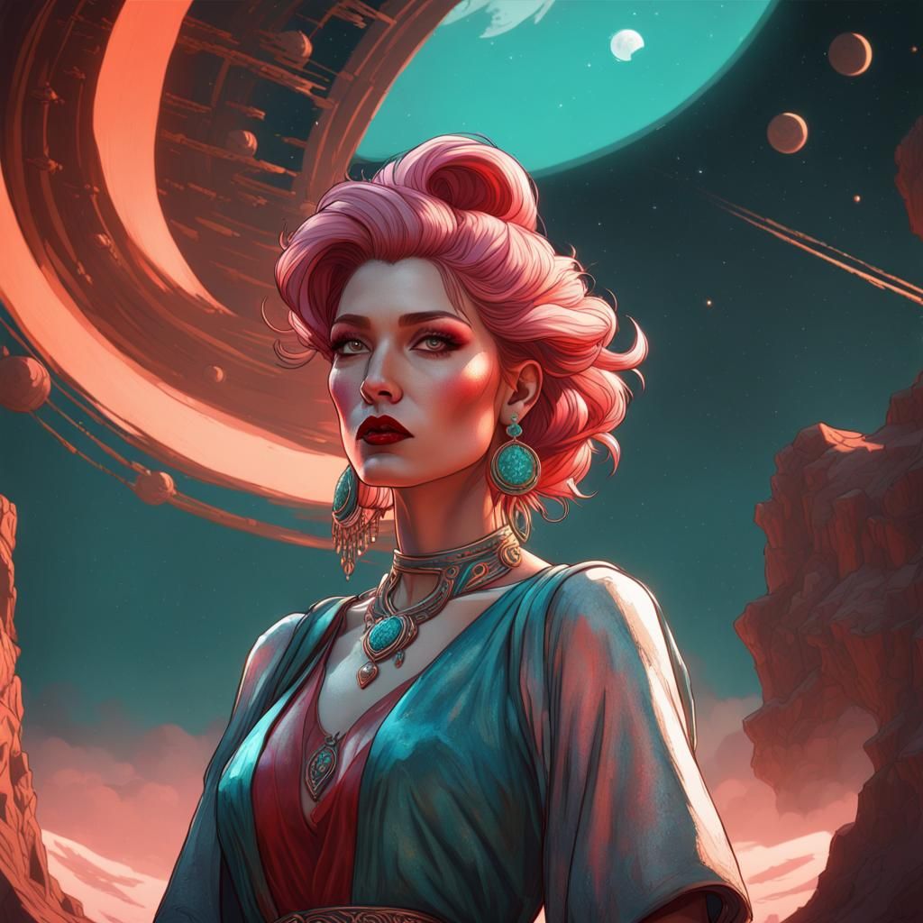 Pink-Haired Woman on the Moon in Cinematic Style
