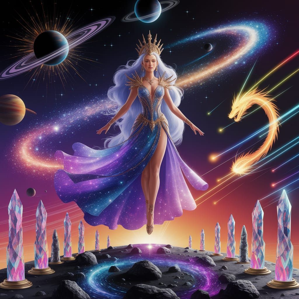 Celestial Empress Ascending Through Exploding Constellations