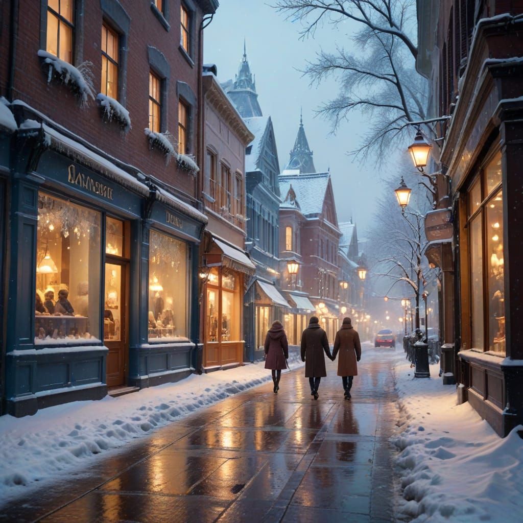 City Streets Under Golden Snowfall