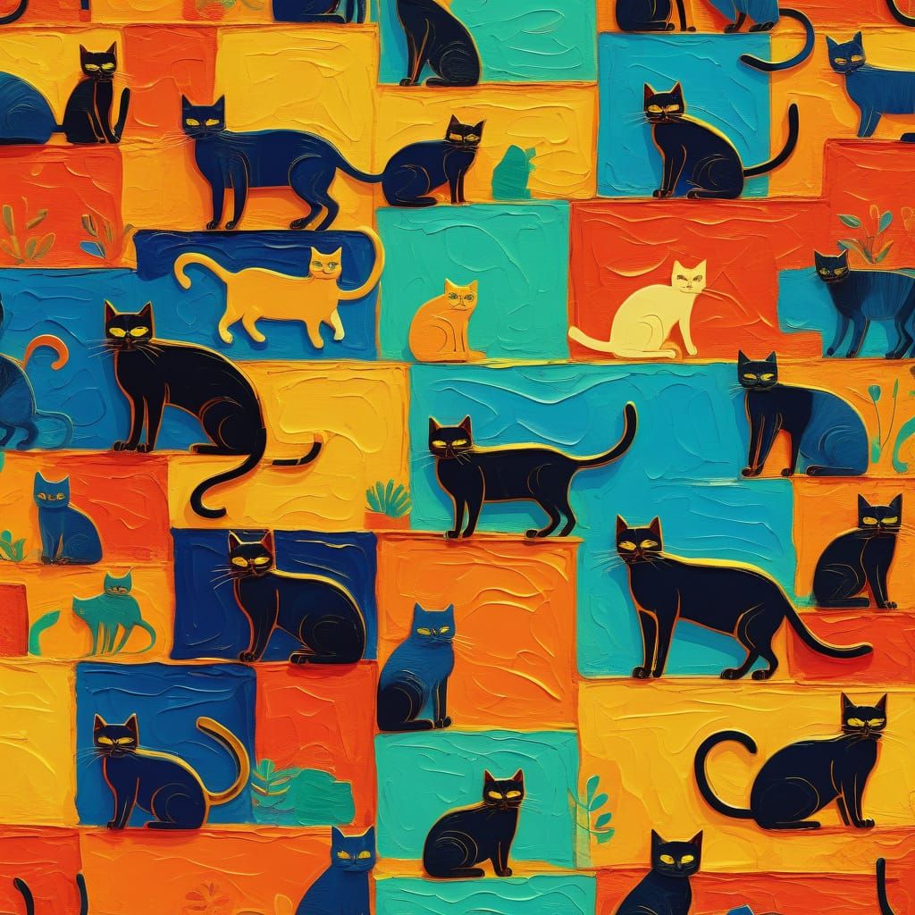 Fauvist Cats Crawling on a Textured Wall