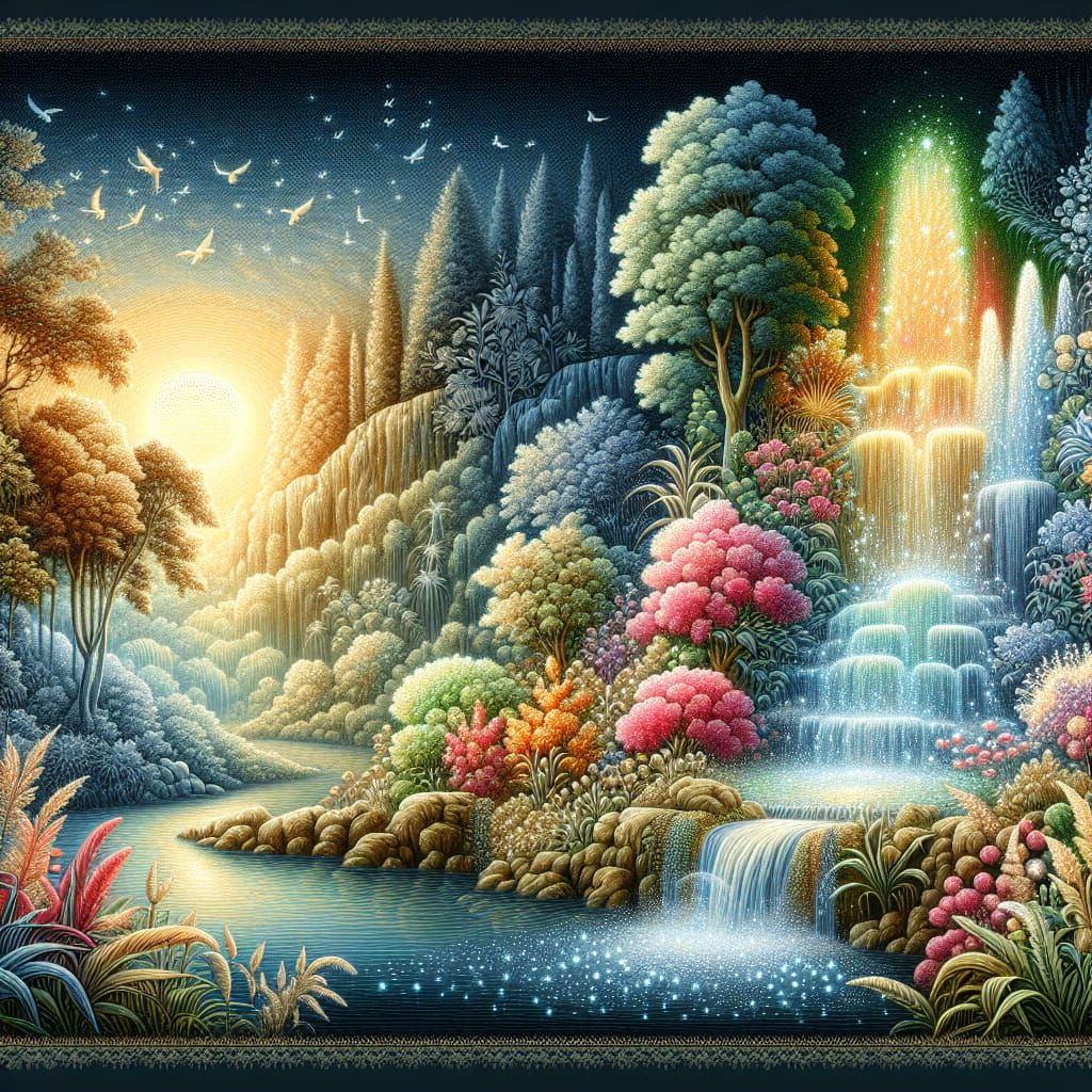 Embroidered Waterfall in Pastel Watercolor Style