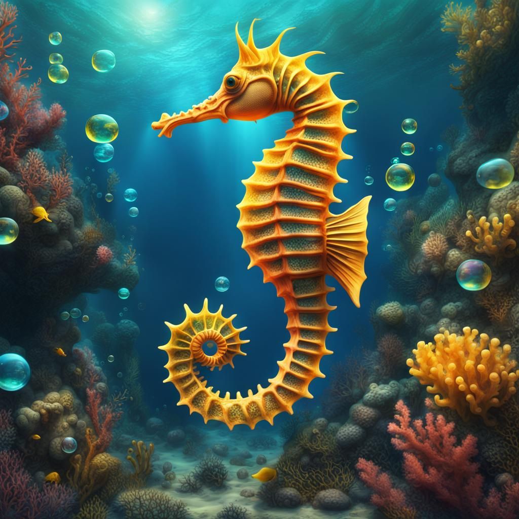 Colorful Seahorse Among Coral: Digital Matte Painting