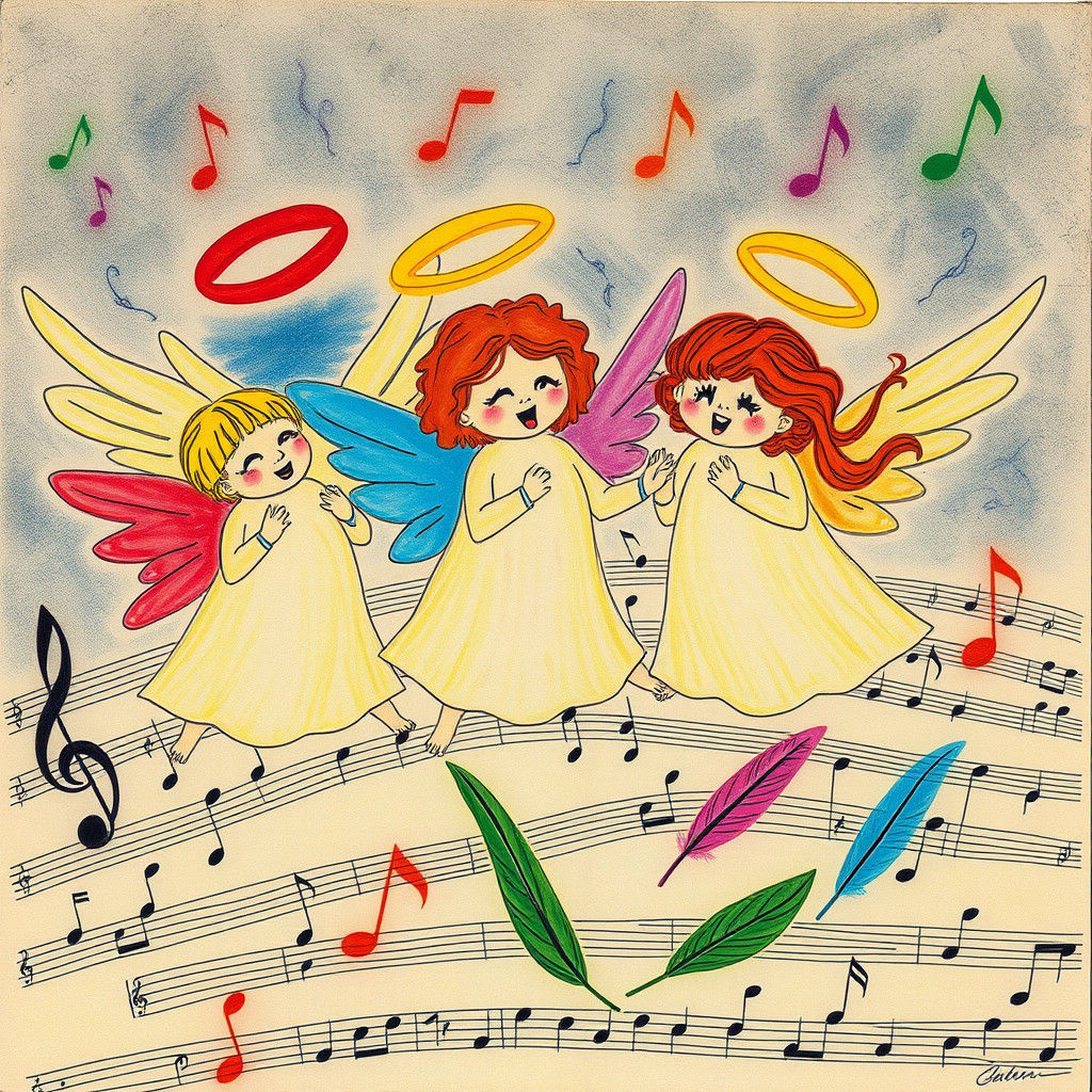 Angelic Chorus in Surreal Childlike Crayon Art