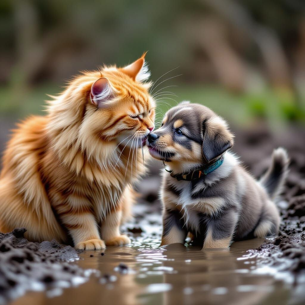Orange Cat Rescues Puppy from Mud